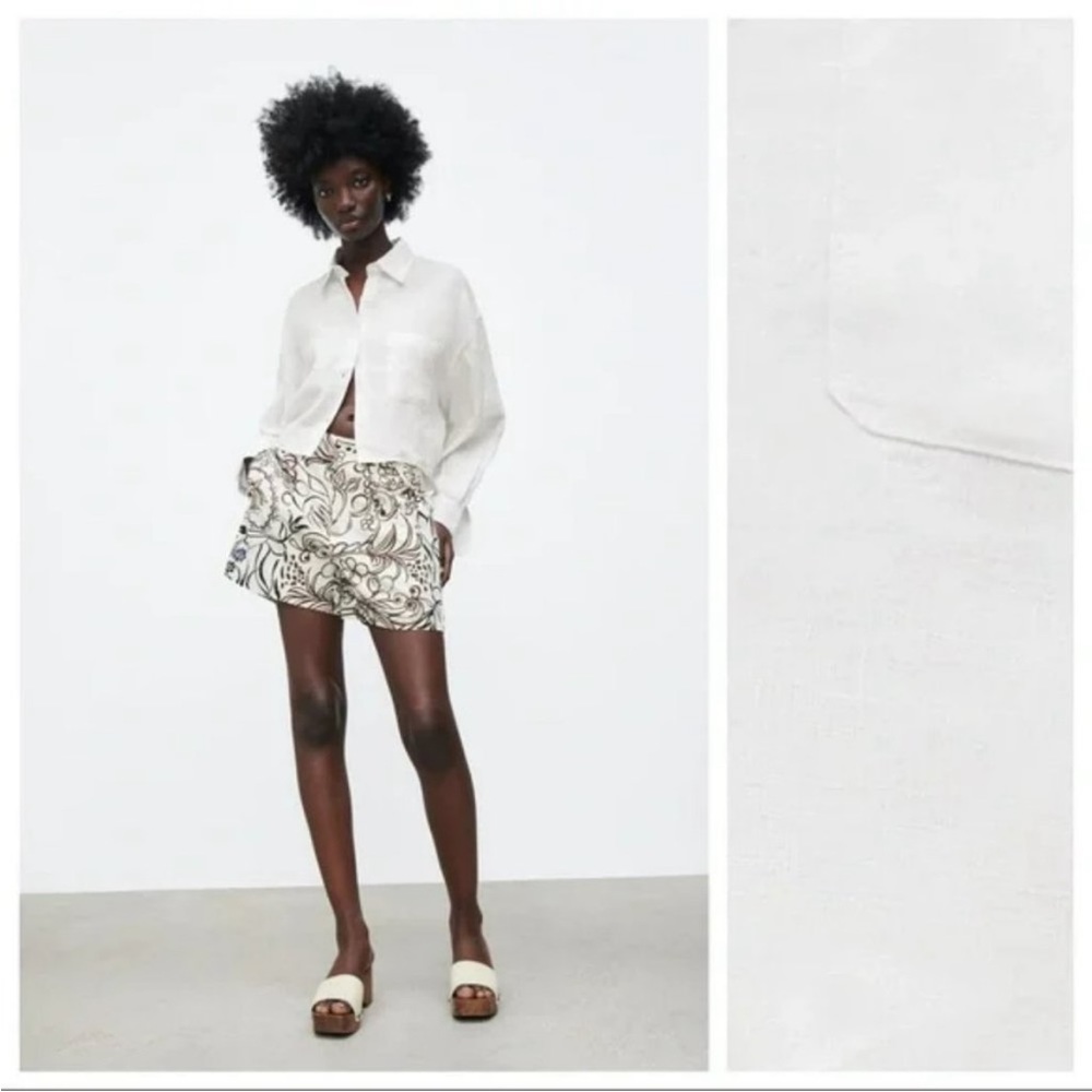 Zara 100% Linen Collared Long Sleeves Cropped Patch Pocket Shirt Top